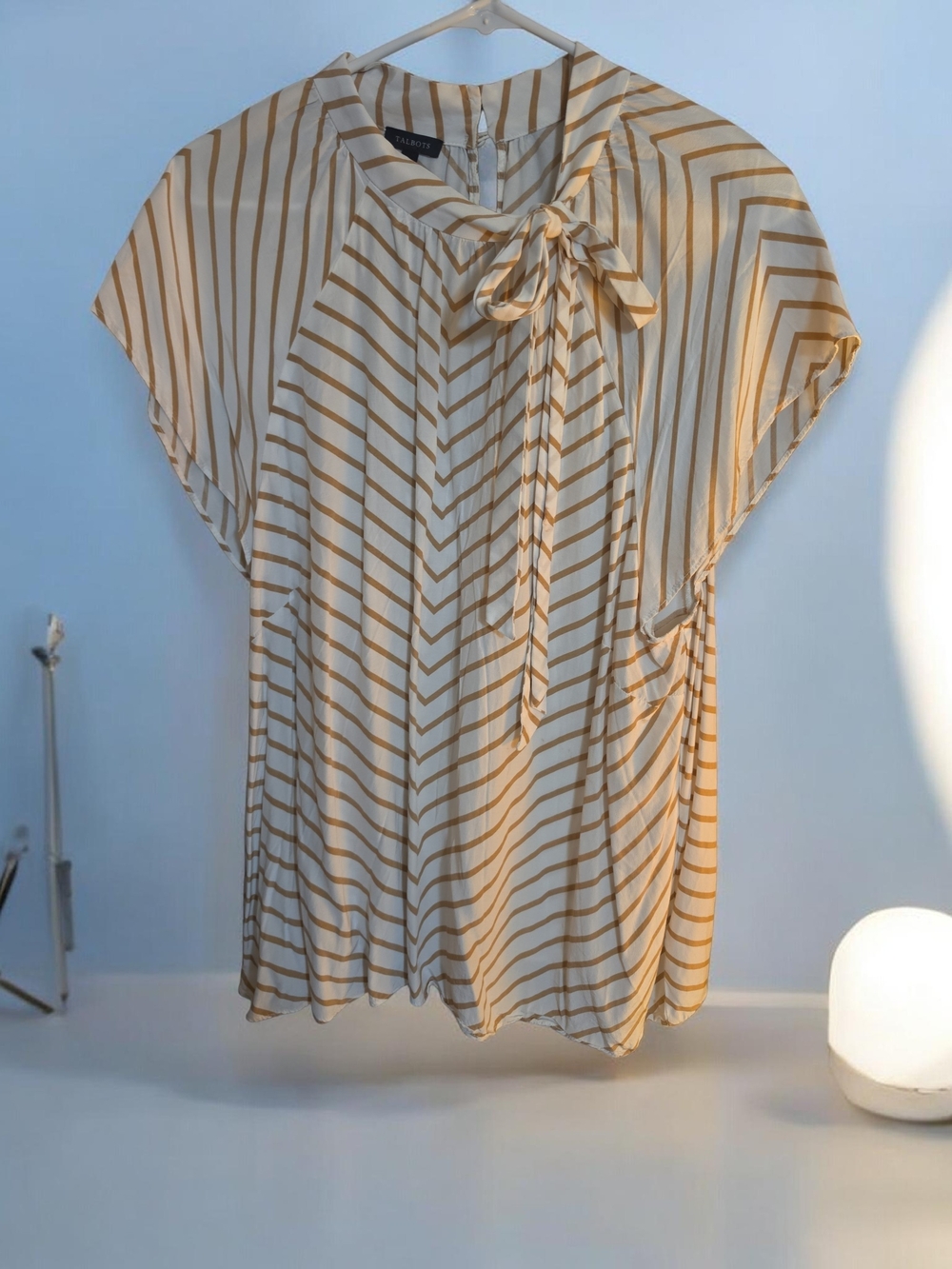 Talbots Cream Blouse with Tan Stripes and Tie-Neck